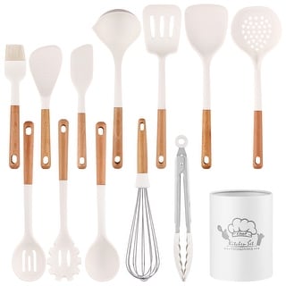 SUGIFT 13-Piece Silicone Kitchen Utensils with Wooden Handles Set
