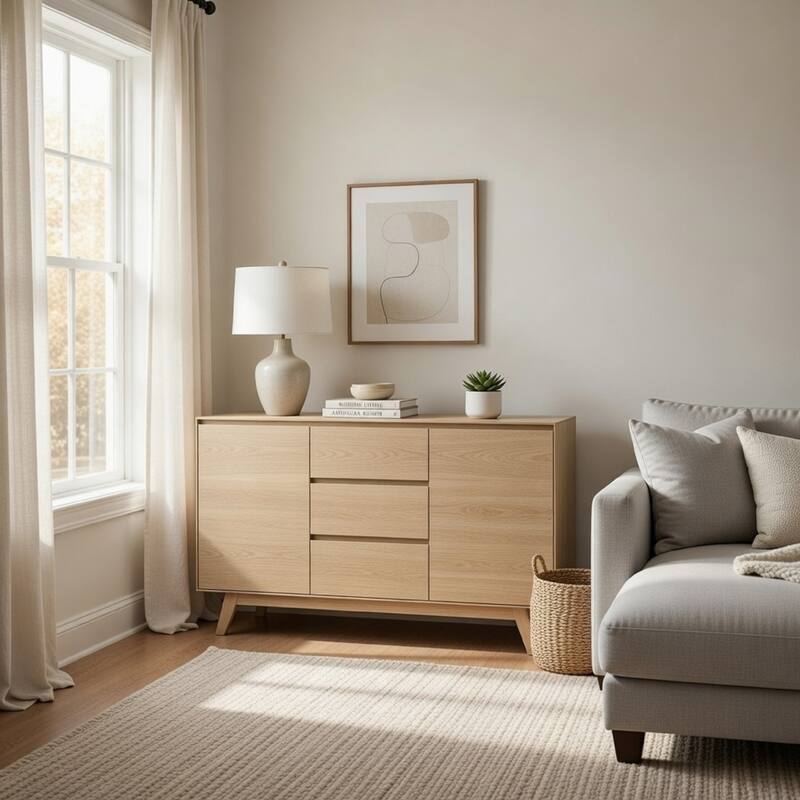 Semi Sideboard Buffet Console, 3 Drawers, 2 Cabinets, Oak Brown Wood