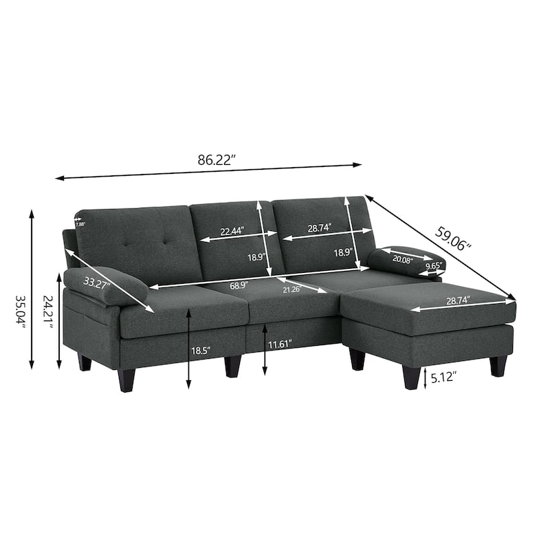 86.22" L Shaped Sectional Sofa with Side Storage Pockets