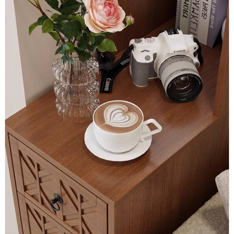 Tall Nightstand with Charging Station, Narrow Sofa Side Table with 3 Drawers & 2 Open Shelves, Solid Wood Entryway Accent Table