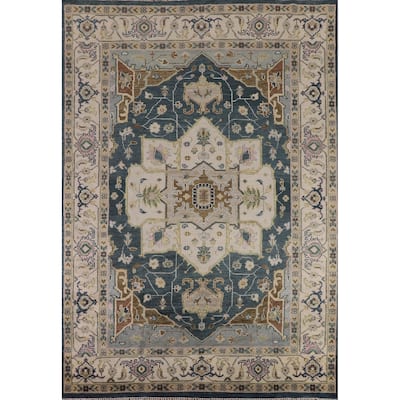 Geometric Heriz Serapi Indian Area Rug Handmade Blue Wool Carpet - 8'11" x 11'10"