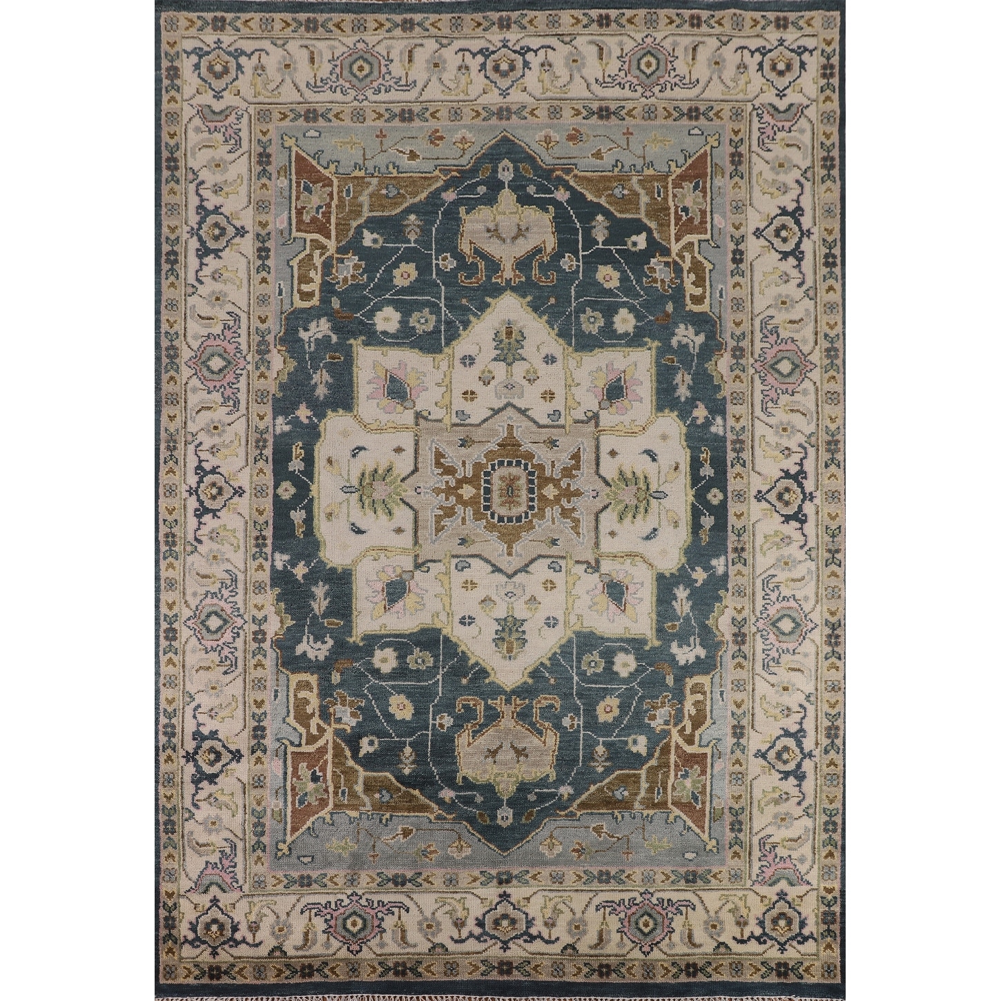 Geometric Heriz Serapi Indian Area Rug Handmade Blue Wool Carpet - 8'11" x 11'10"