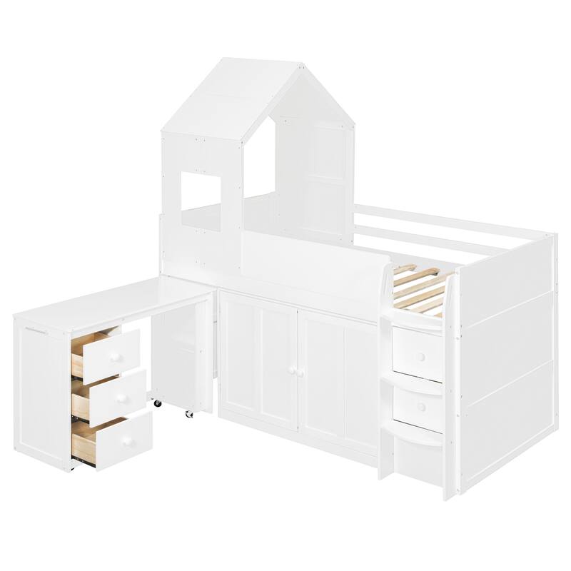 Roomfitters Twin Size House Loft Bed with Rolling Desk, Storage Cabinets and Staircase, All-in-One Space Saving Sleeper