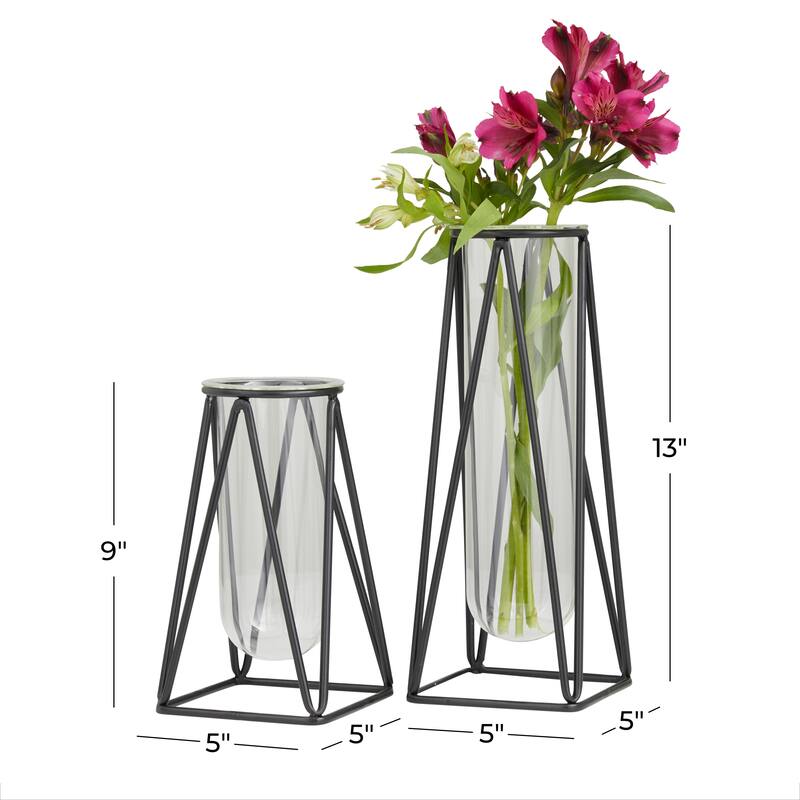 Glass Tube Vase with Metal Stand (Set of 2)
