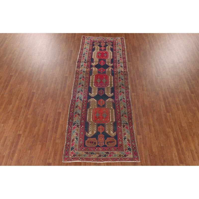 Navy Blue Meshkin Persian Vintage Runner Rug Handmade Wool Carpet - 4'3"x 11'8"