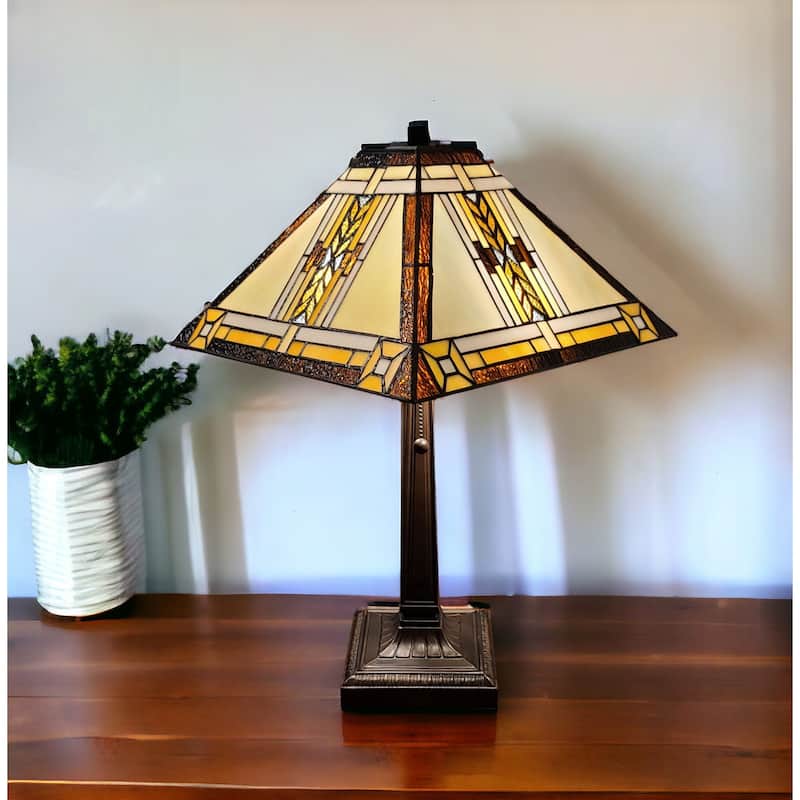 HomeRoots 23" Stained Glass Two Light Mission Style Table Lamp with Stained Glass Shade - 21 x 22 x 11