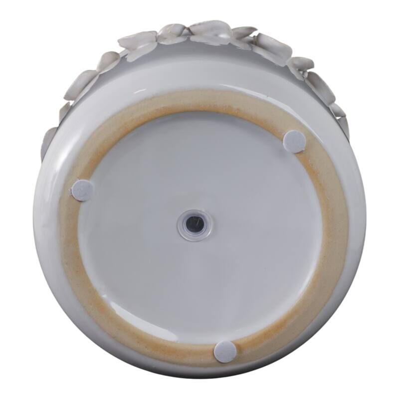 Ceramic Round Planter Sculpted Floral Rim Detail and Drainage Hole