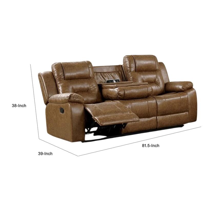 Kius Manual Recliner Sofa, Brown Faux Leather, 82 Inch, USB Chargers