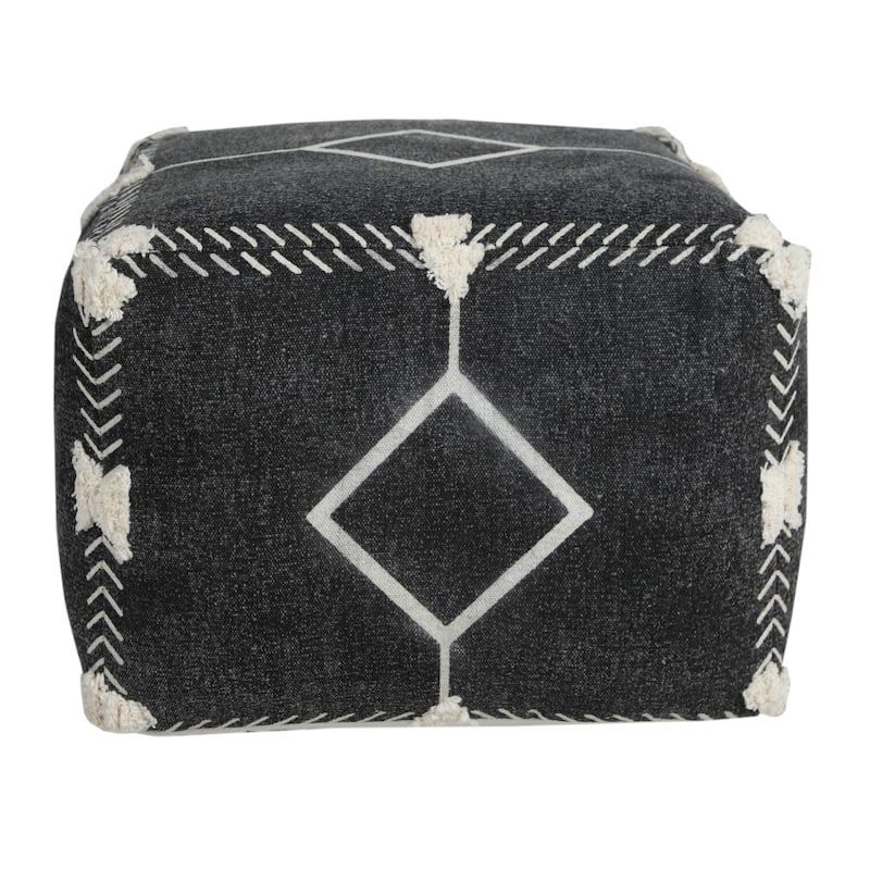 18" Black Cotton Geometric Pouf Ottoman for Living Room Seating and Footrest