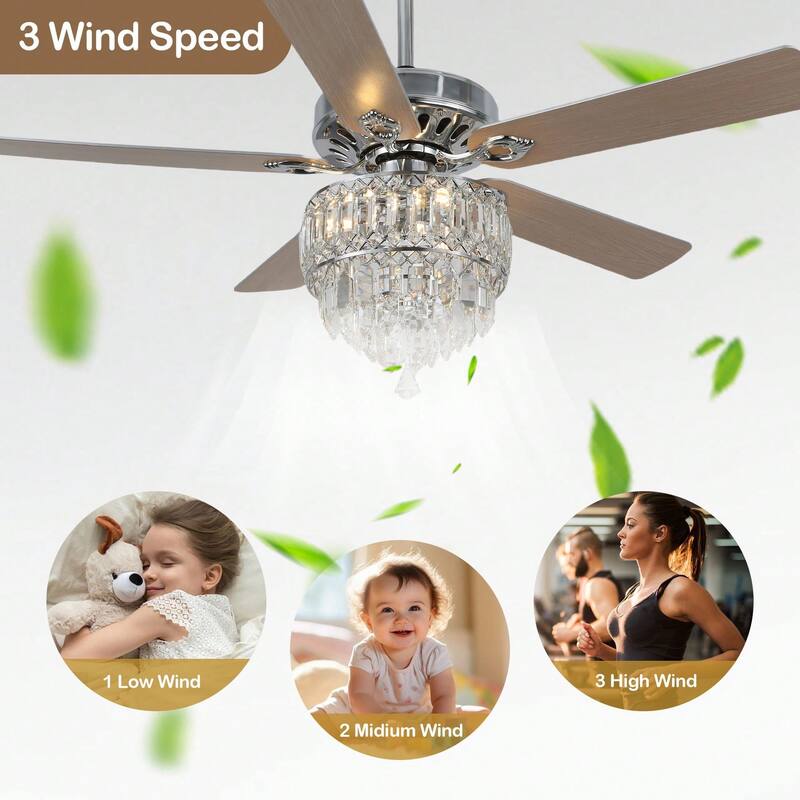 Cusp Barn 52.in. Modern Crystal Ceiling Fan with Remote and Pull Chain, 3 Speeds AC Motor Reversible Ceiling Fan for Bedroom