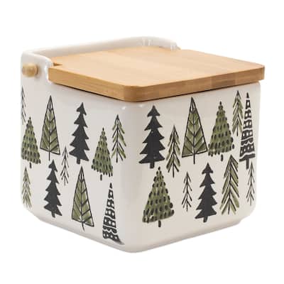 Ceramic Pine Tree Christmas Canister with Lid - 5.25" - Green and White