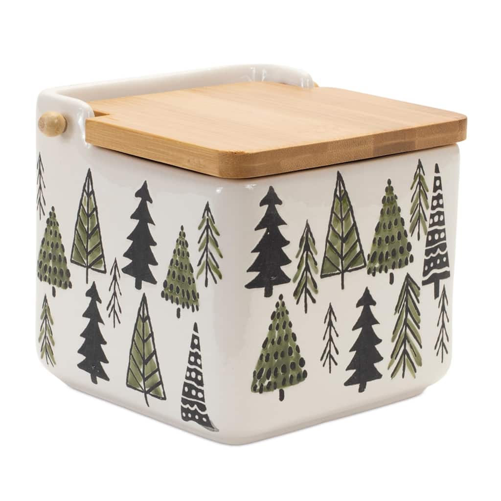 Ceramic Pine Tree Christmas Canister with Lid - 5.25" - Green and White