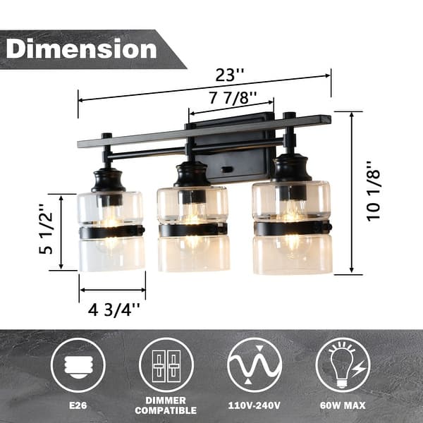 dimension image slide 3 of 6, ExBrite 3-lights Bathroom Dimmable Black Vanity Lights Modern Wall Sconce Lighting