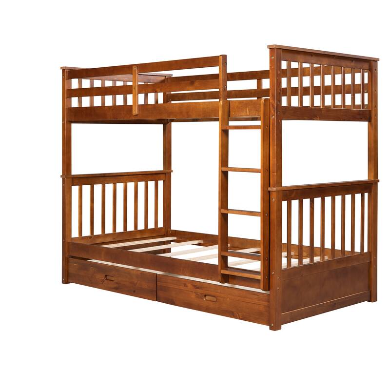 Twin-Over-Twin Bunk Bed with Ladders and Two Storage Drawers in Walnut Finish