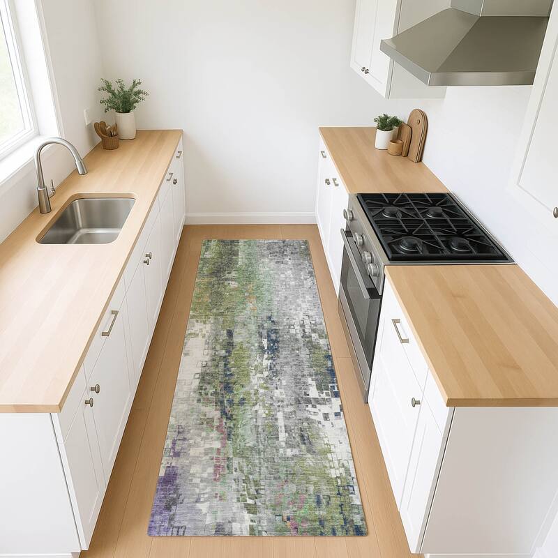 Machine Washable Indoor/ Outdoor Abstract Pixels Chantille Rug