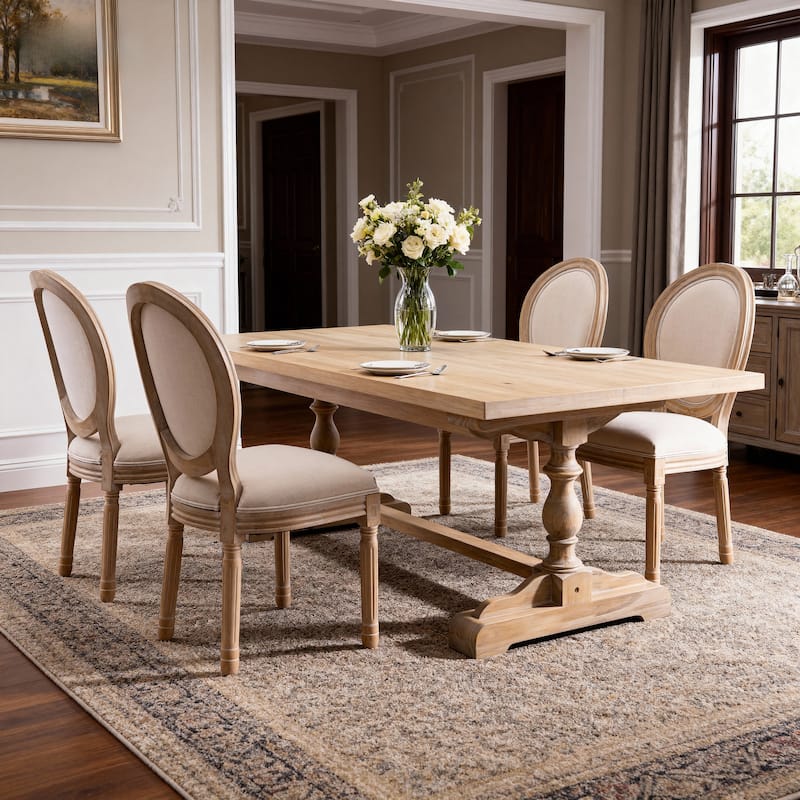 French Style Solid Wood Frame Linen Fabric Oval Back Dining Chair, Set of 2