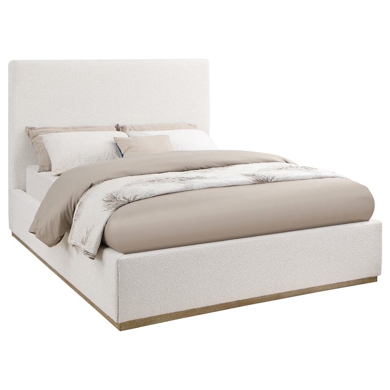 Ole Queen Size Bed, Upholstered Panel Headboard, Plinth Base, Gold, Ivory