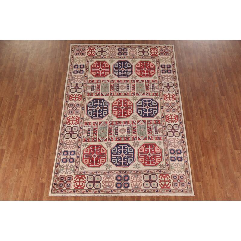 Hand Knotted Oriental 100% Wool Carpet Traditional Geometric Beige & Ivories Kazak Area Rug - 9' 7'' X 6' 7''