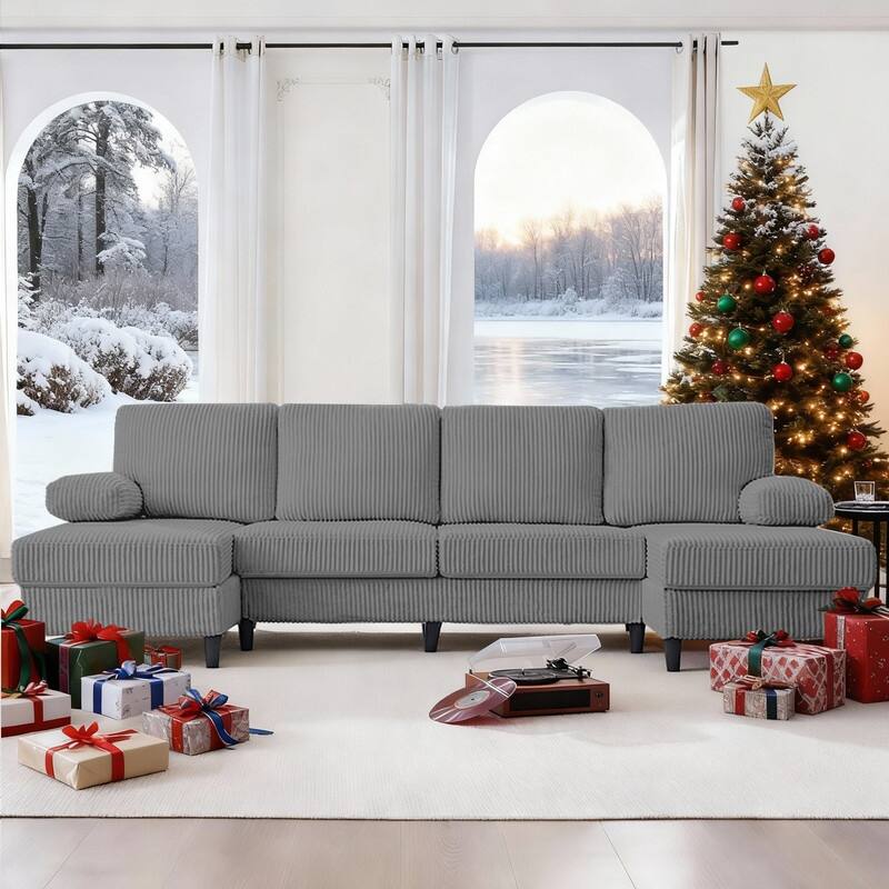 Mixoy W110"U-Shaped Sectional Sofa Couches with Double Chaises and Sleepable Armrests,Corduroy Upholstered 4-Seater Sofa - Light Grey - Symmetrical
