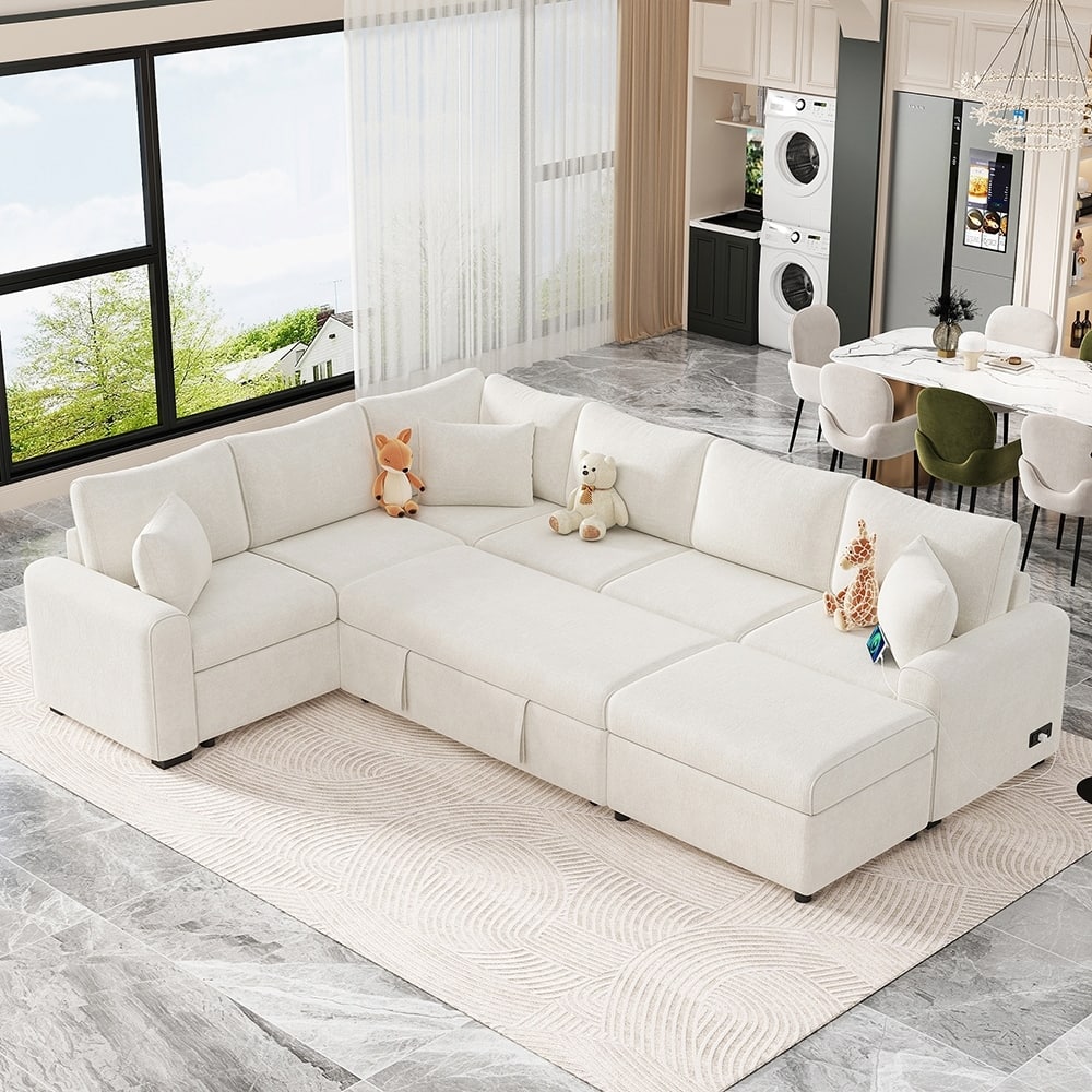 112.2" Sleeper Sectional Sofa with Ottoman, 3 Pillows and USB Ports