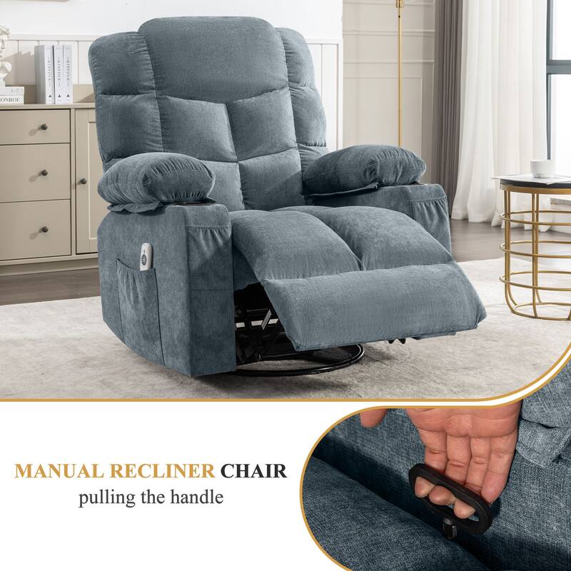 Swivel Massage Recliner Chair with Lumbar Heating, Oversized Lounge Sofa with Cup Holders, USB Port & 2 Side Pockets