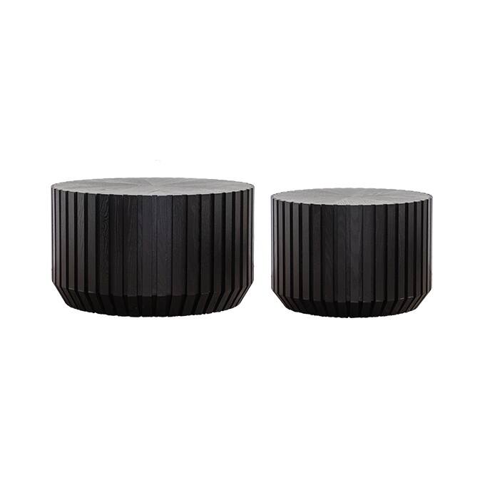 Coffee Table Nesting End Table Set of 2, Modern Black Fluted Coffee Table, Wood Side Table, Circle Accent Tables