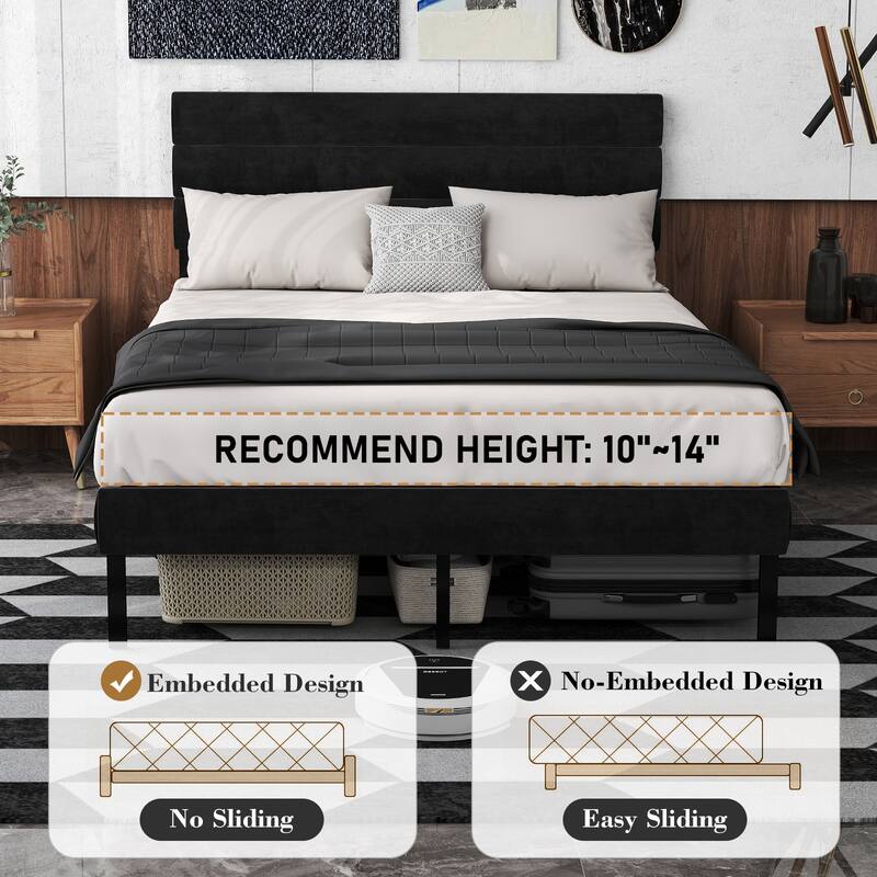 Linen Upholstered Bed Frame Metal Platform Bed Frame with Headboard and 14" Underbed Storage, Metal Slats Support, Noise-Free