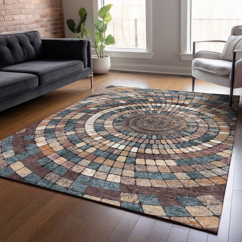 Machine Washable Indoor/Outdoor Contemporary Pinwheel Chantille Rug