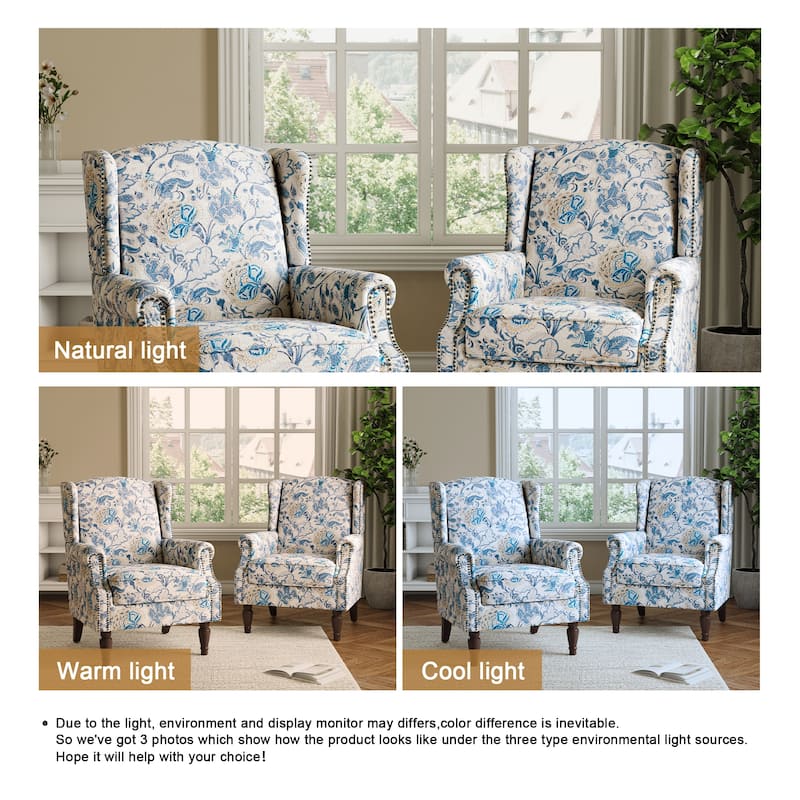 2 Set Transitional Patterned Wingback Accent Chairs with NailHead