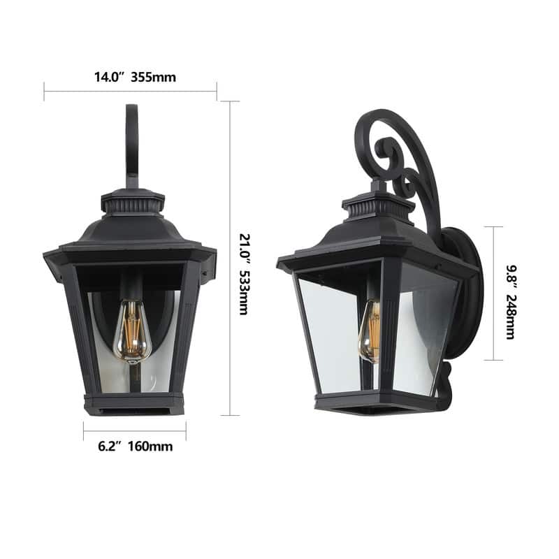 14" Outdoor Wall Lantern Set (2-Pack) – Black Waterproof Sconce with Clear Glass Panels,Exterior Lighting(Bulb Not Included)