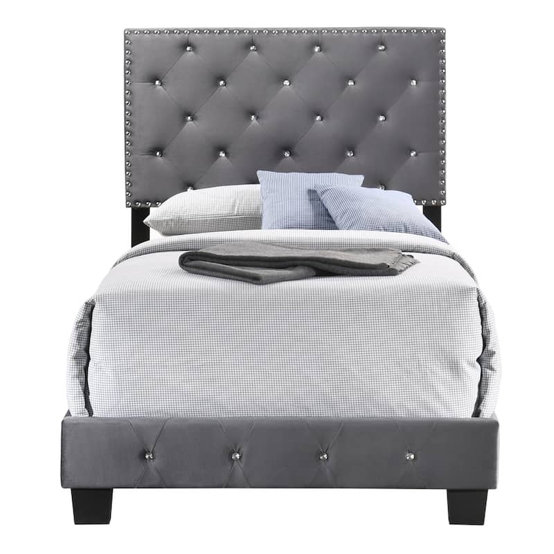 Velvet Upholstered Tufted Twin Panel Bed - 77" - Gray