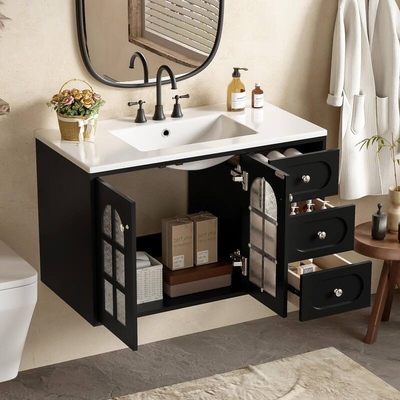 Floating Bathroom Vanity Black Wall Cabinet with Basin Sink Platform, Hazy Embossed Glass Doors, 3 Drawers and Metal Knobs