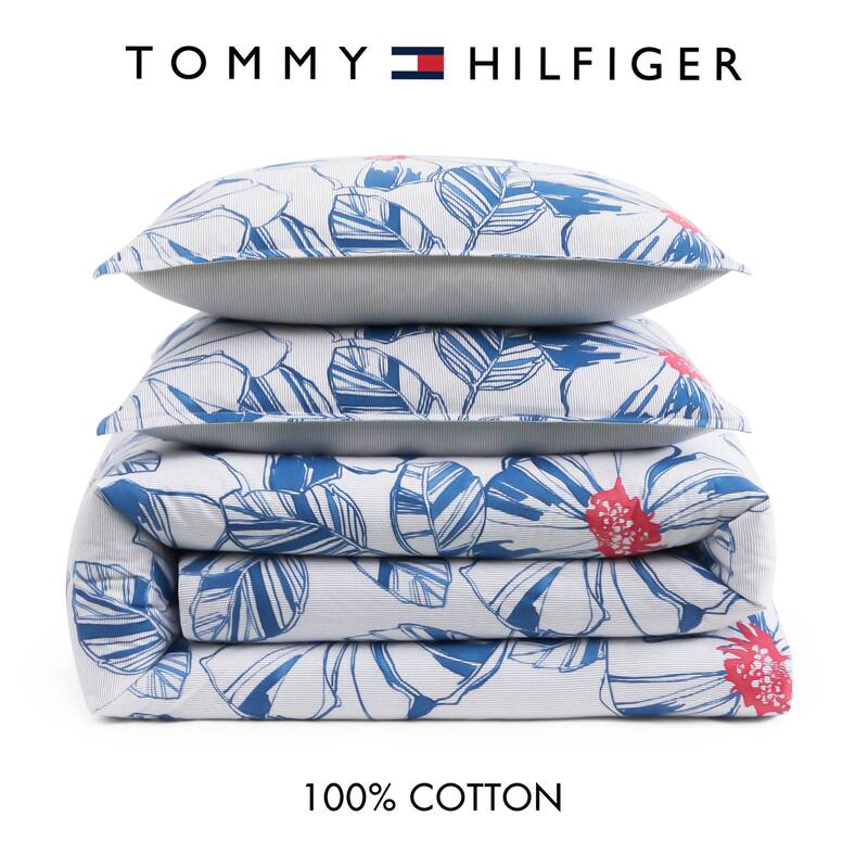 Tommy Hilfiger Paradise Cove Comforter Tropical Floral Cotton Reversible Quilted (Dream Blue, 3 Piece)