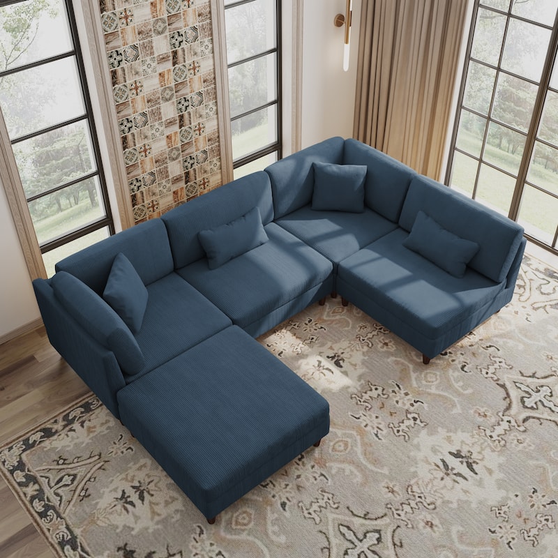 Corduroy Modular Sectional 5 Piece Sofa with Ottoman