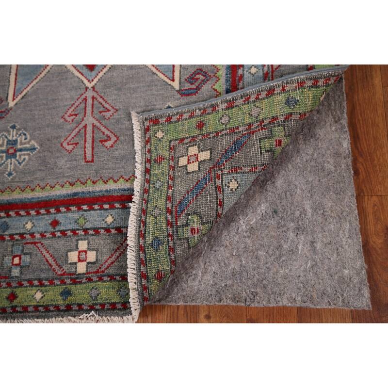 Kazak Accent Rug Hand-Knotted Grey Geometric Wool Carpet - 3'4" x 5'0"