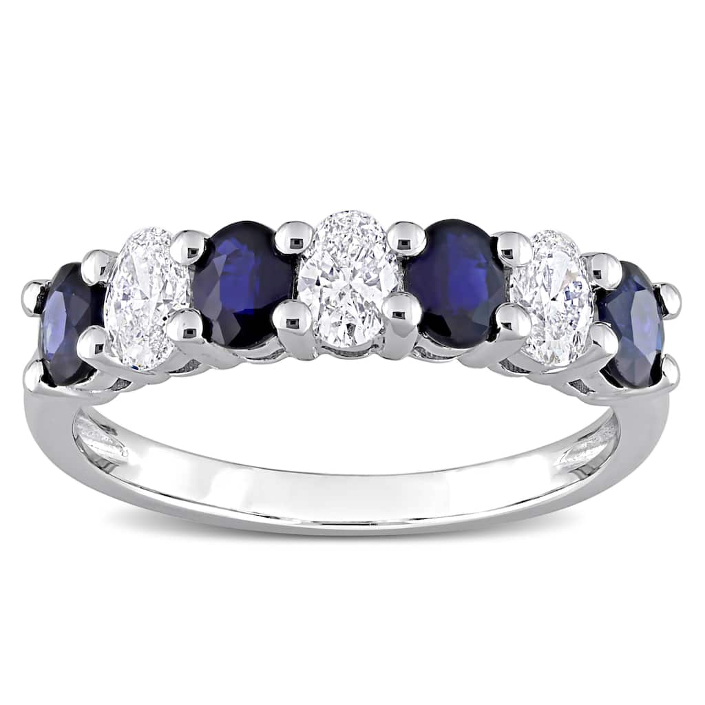 Miadora Oval Sapphire and 1/2ct TDW Diamond Semi-Eternity Anniversary Band in 14k White Gold