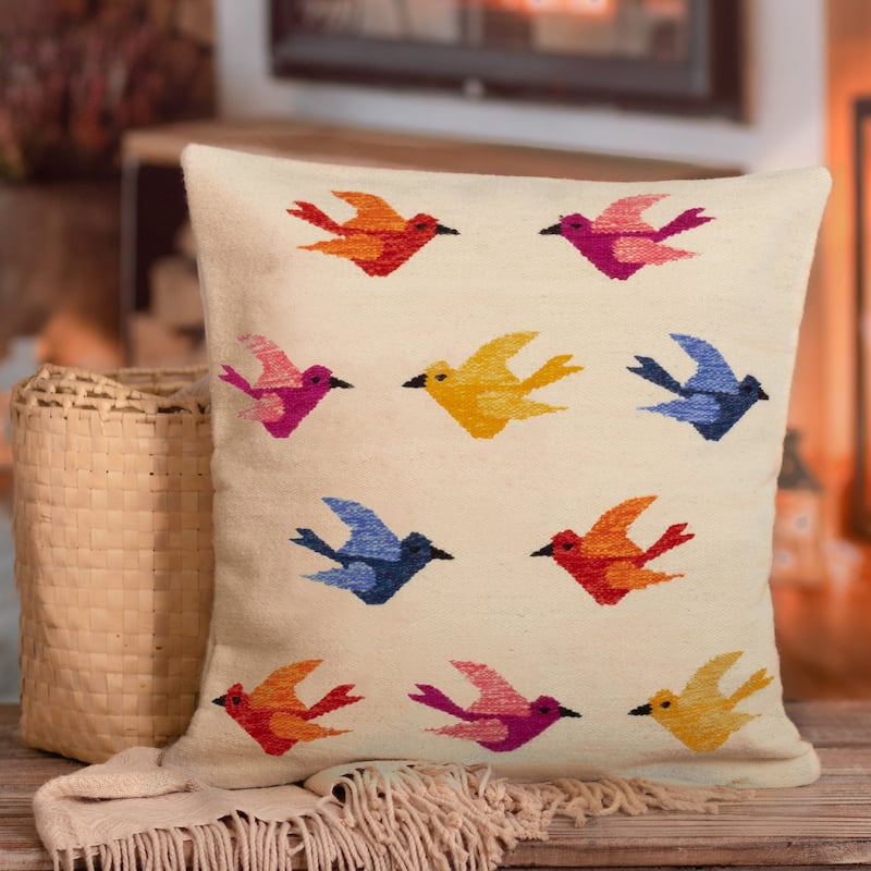 Novica Handmade Chanting Birds Wool Cushion Cover
