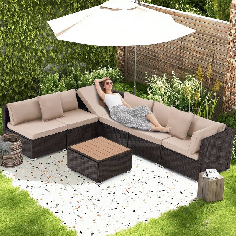 EROMMY 6/7 Piece Modular Outdoor Rattan Sofa Set, All-Weather Wicker Patio Furniture with Storage Table, Cushions & Pillows