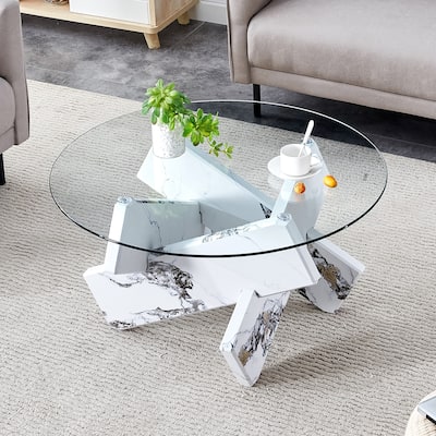 Roomfitters Round Glass Coffee Table with White Patterned MDF Legs, 33.4" Modern Accent Table for Living Room