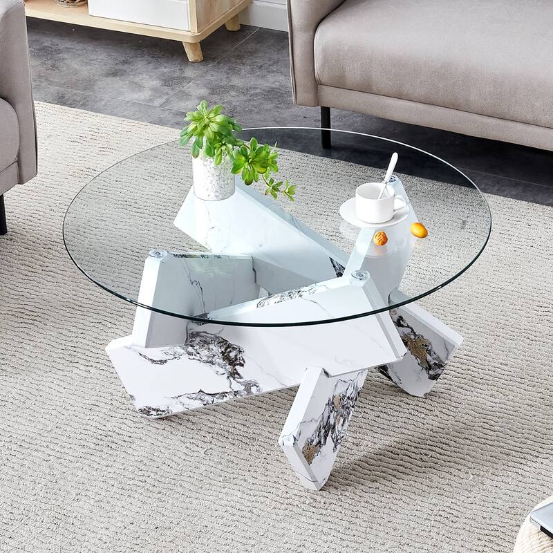 Round Glass Coffee Table, 33.4" Modern Side Table with Spliced ​​Table Legs Center Table for Living Room, Bedroom - White