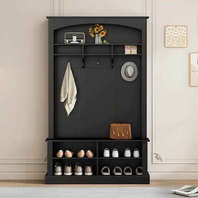 47.2'' Wide Hall Tree with Bench and Shoe Storage: Multi-functional with 3 Hooks, Open Storage, Rectangle Shelves