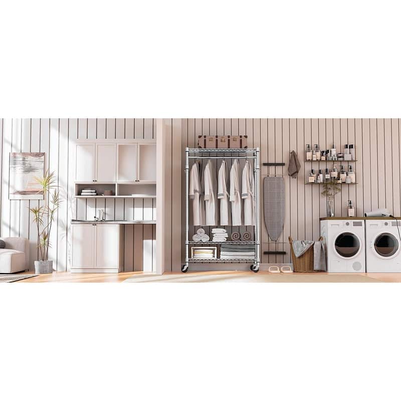 Heavy Duty Rolling Garment Rack with Wheels, 3-Tier Adjustable Wire Shelving, Clothes Rack with Rods & Side Hooks