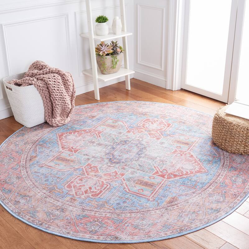 SAFAVIEH Serapi Machine Washable Yumika Medallion Mena Rug - 6'7" Round - Blue/Rust