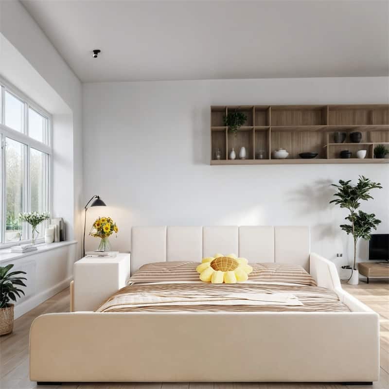 Full Size Velvet Grounded Bed with Bedside Desk and Little Round Stool - Beige