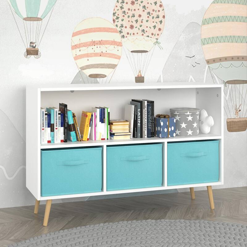 Kids bookcase with Collapsible Fabric Drawers, Children's Book Display, Toy Storage Cabinet Organizer - White+Blue