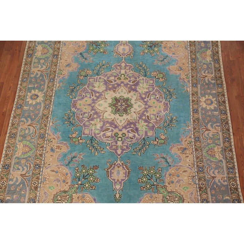 Turquoise Blue Medallion Tabriz Persian Area Rug Handmade Wool Carpet - 6'4"x 9'10"