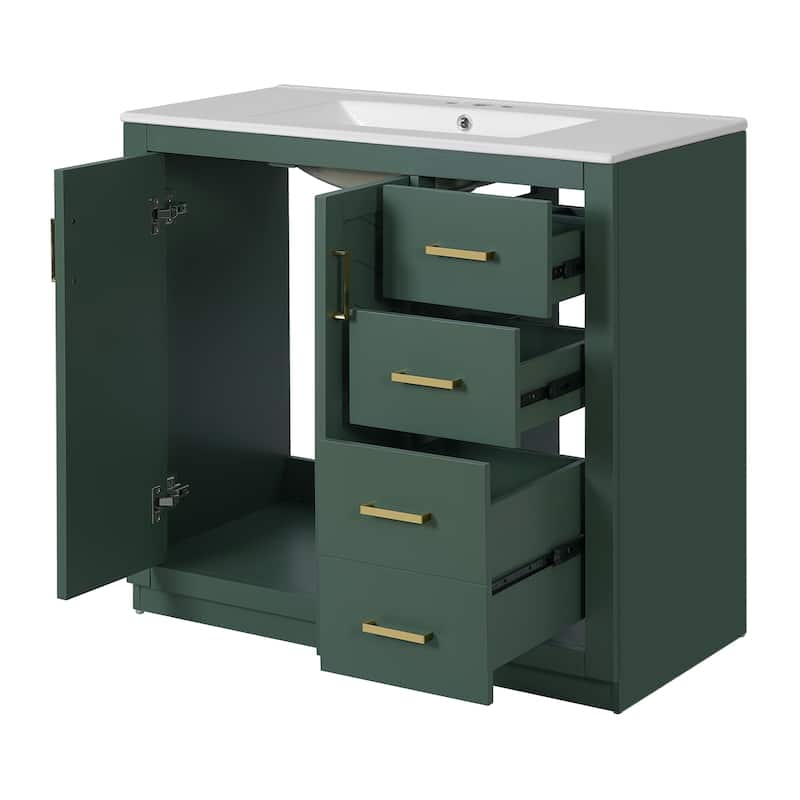 36"Bathroom Vanity with Ceramic Sink,Solid Wood Storage Cabinet, Freestanding Vanity Set with 3 Drawers& Soft Closing Doors