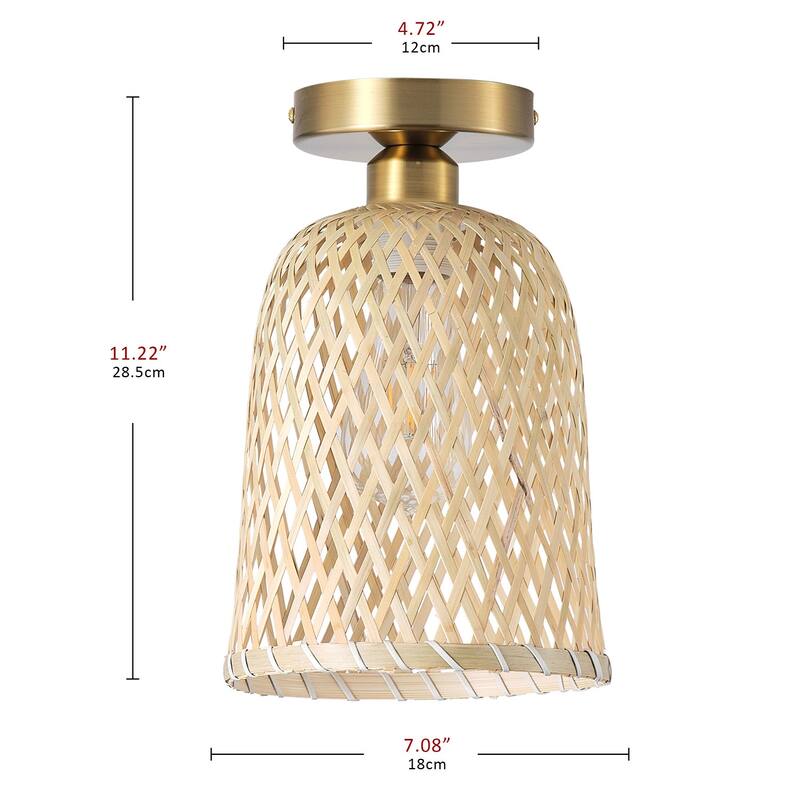 Farmhouse Brushed Gold 1-Light Semi Flush Mount Ceiling Light with Bamboo Weave Shade