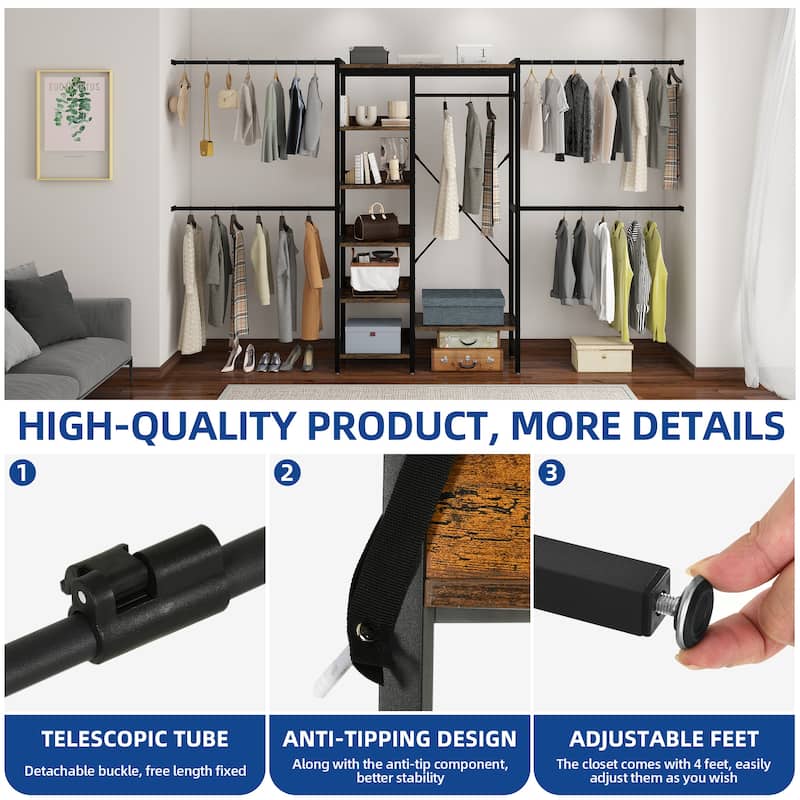 Moasis 86.6" - 118"W Adjustable Heavy Duty Garment Rack Closet Organizer System With 4 Expandable Hanger Rods