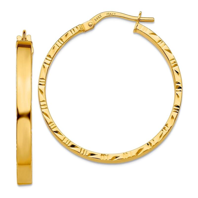 Curata 14k Yellow or White Gold 32.25x3mm Textured Edge Polished Squared Hoop Earrings - Yellow Gold